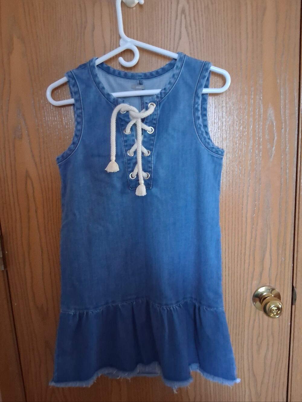 aerie women's Sleeveless Denim Dress with Cream Lace-Up Tie